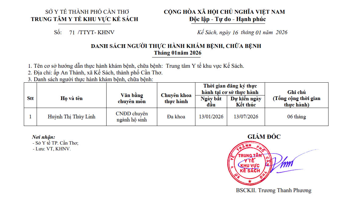 DANH SÁCH NGƯỜI THỰC HÀNH KHÁM BỆNH, CHỮA BỆNH THÁNG 1 NĂM 2026